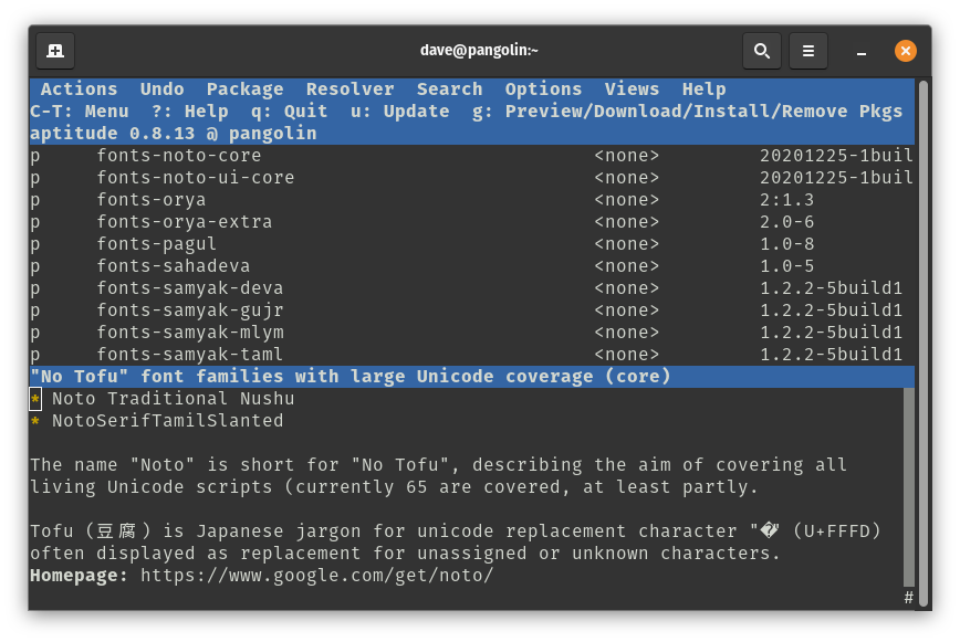 Aptitude displaying the noto-fonts-core package